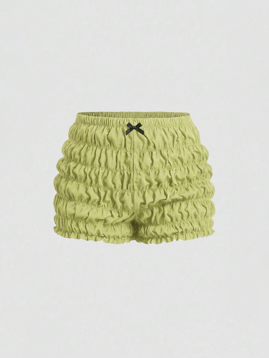 SHEIN MOD Plus Size Tomato Girl Cute Bow Decor Ruffle Trim Mini Shorts - Green - View 1