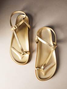 Hauture Sandal đế bằng bằng da PU ánh kim màu vàng, thoải mái, dành cho nữ. - Vàng - Xem 2