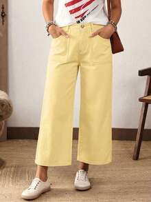 EMERY ROSE Plus Size Women Loose Fit Pockets Wide Leg Casual Jeans Holiday Vacation Light Yellow Summer - Yellow - View 1