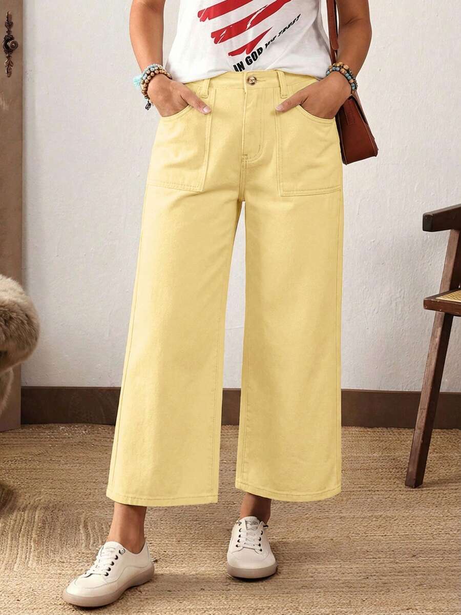 EMERY ROSE Plus Size Women Loose Fit Pockets Wide Leg Casual Jeans Holiday Vacation Light Yellow Summer - Yellow - View 1