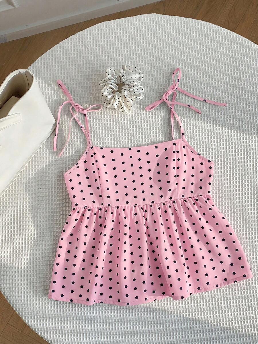 Comfortcana Áo hai dây dáng chữ A chấm bi cỡ lớn, thích hợp cho mùa xuân/hè. - Màu Hồng baby - Xem 1