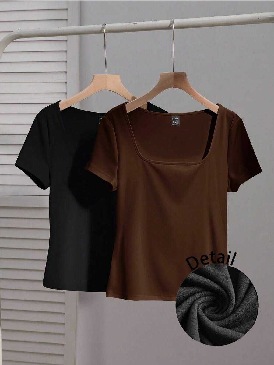 SHEIN EZwear 2件/套 女士方领短袖休闲修身性感T恤,适合秋冬季街头服饰 - 彩色 - 查看 1