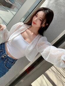 DAZY Solid Flounce Sleeve Crop Blouse,Ruffle Sheer,Fall Women Clothes Long Sleeve Top - White - View 5