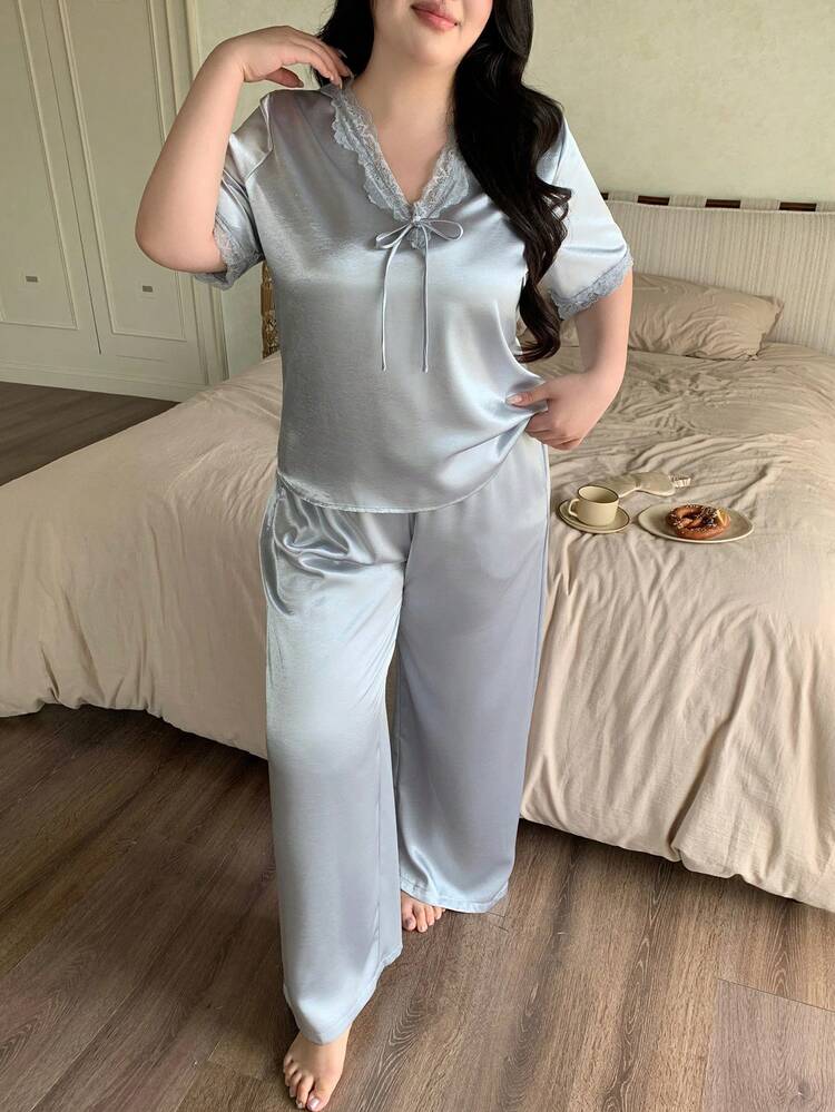 Dazy Plus 2pcs Satin Pajama Set, V-Neck Lace Patchwork Elegant Short Sleeve Top And Long Pants, Plus Size Women Spring/Summer Blue Sleepwear