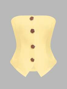 Camiseta de tirantes elegante con botones delanteros para mujer, de verano - Amarillo - Ver 3
