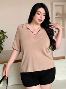 Dazy Plus 撞色拼接缝边宽松休闲百搭通勤大码女式春夏针织上衣 - 卡其色 - 查看 5