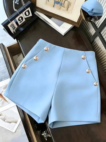  SHEIN Franclia Women's Casual Versatile Shorts, Light Blue Women's Shorts, Women's Summer Shorts, Women's Casual Shorts, Women's Metal Buckle Slant Pocket Shorts, Summer Women's Wear, Women's Bottoms, Light Blue Double-Button High Waist Suit Shorts, Summer High Waist Slimming Suit Shorts, Light Blue Women's Shorts, Casual Versatile Shorts, Summer Thin Suit Shorts,Elegant Shorts For Women,Spring, Summer, Autumn And Winter Four Seasons For Women Shorts,Versatile And Stylish Everyday Casual Wear, Work Outfits,Office Wear For Women,Summer Outfits For Women,Women's Solid-Color Casual Shorts,Blazer Shorts,Summer Outfits For Women,Women's Pants,Blue Pants