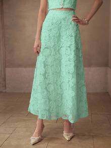 MOTF PREMIUM ELEGANT JACQUARD TEXTURED LACE A-LINE HIGH-CINCHED WAIST LONG SKIRT FOR WOMEN PARTY GREEN FLORAL SUMMER - Green - View 6