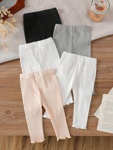 SHEIN Playful Pals 5 pièces Pantalons skinny pour filles, blancs et noirs, texture côtelée, taille élastique, ourlet à volants, coton confortable, convient pour l'automne, décontracté, école, sorties quotidiennes, campus - Multicolore - Voir 2