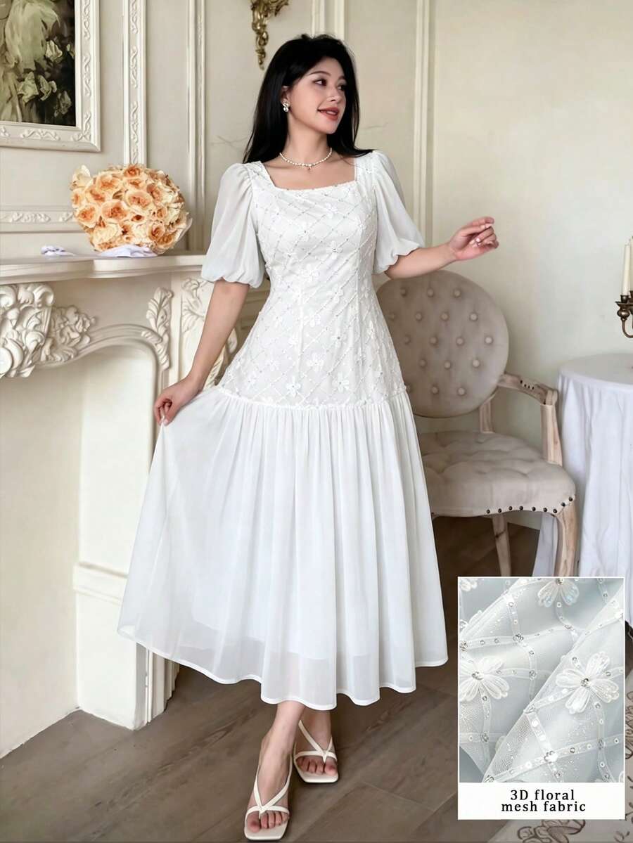 Modelyn 女款優雅法式藍色方領泡泡袖刺繡拼接雪紡洋裝 - 白色 - 查看 1