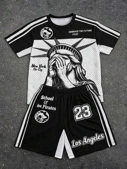 Coolqubz Set da 2 pezzi per ragazzo adolescente: maglietta a maniche corte con scollo tondo casual minimalista + pantaloni, maglietta estiva a tema Statua della Libertà, maglietta grafica in stile Y2K, maglietta di moda da strada, abbigliamento per ragazzi adolescenti, maglietta grafica Libertà, maglietta stampata, maglietta stile da strada, top con dichiarazione di libertà