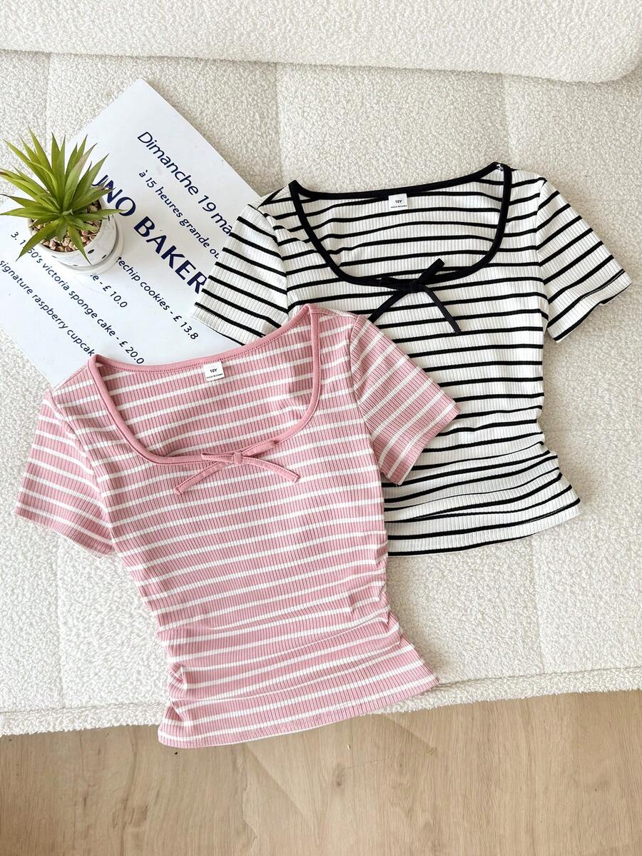 SHEIN Bộ đồ mùa hè sọc kẻ mềm mại 2 mảnh dành cho bé gái tuổi teen, sọc đen/trắng và hồng, bộ đồ phối hợp thời trang cho mặc hàng ngày, đi nghỉ mát, cắm trại, chụp ảnh. - trắng - Xem 1