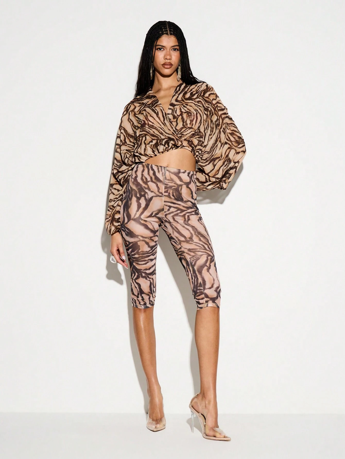 Tiger Print Twist Front Batwing Blouse