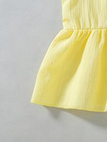 SHEIN Elladie kids 两件套女童夏季套装：圆领无袖黄色波浪印花露脐上衣，荷叶边下摆；休闲直筒裤；时尚度假及海滩派对套装 - 黃色 - 查看 9
