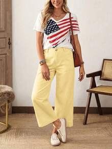 EMERY ROSE Plus Size Women Loose Fit Pockets Wide Leg Casual Jeans Holiday Vacation Light Yellow Summer - Yellow - View 8