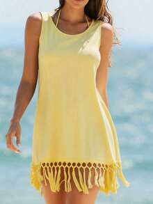 Swim Vcay Women's Solid Color Tassel Hem Cover Up Dress, Vacation - Light Yellow - View 4