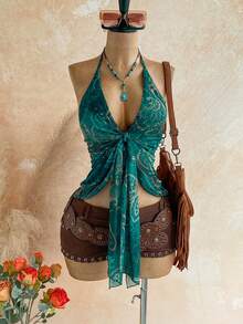 Soleia Women's Vacation Cashew Print Knot Front Halter Neck Camisole - Multicolor - View 4