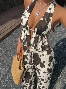 SHEIN EZwear Bộ đồ thời trang mùa hè kiểu phương Tây không tay, cổ yếm, hở lưng, in họa tiết bất đối xứng. - Màu nâu  Mocha - Xem 1