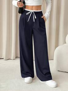 SHEIN PETITE 女款拼色休閒日常長褲，女士春秋抽繩口袋自然寬腿黑色鬆弛小個女款 - 藏蓝色 - 查看 6