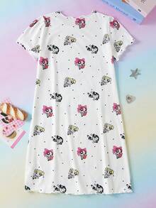 THE POWERPUFF GIRLS X SHEIN Tween Girls' Casual Comfortable Cartoon Polka Dot Print Round Neck Short Sleeve Nightgown, Summer - White - View 2