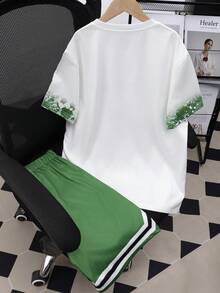 2件套青少年（男童）春夏运动休闲足球泼墨印花短袖T恤和短裤套装 - 綠色 - 查看 2