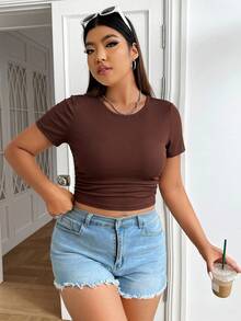 SHEIN EZwear 加大码纯色圆领休闲短款婴儿T恤，棕色 - 棕色 - 查看 4
