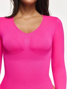 SHAPORA Women's Solid Color V-Neck Long Sleeve Shapewear Jumpsuit - Hot Pink - View 7