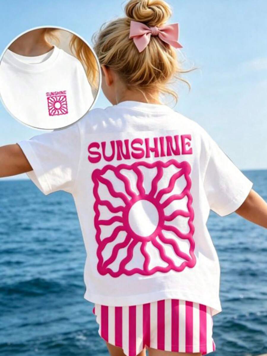 SHEIN Playful Pals 女童休闲简约白色T恤印有太阳图案,搭配修身条纹短裤两件套,适合暑期上学、居家、户外聚会等场合,可爱夏日穿搭,韩版风格 - 彩色 - 查看 1