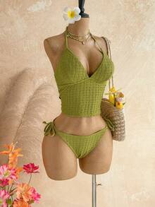 Soleia Women's Solid Color Halter Tie Bikini Set, Summer Beach - Green - View 3