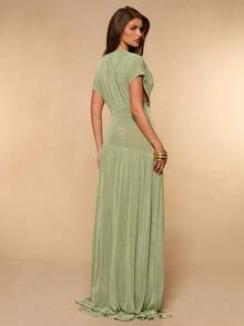 SHEIN BAE Green Ruffle V-Neck High Slit Dress, Elegant Women's Summer Dress - Green - View 2