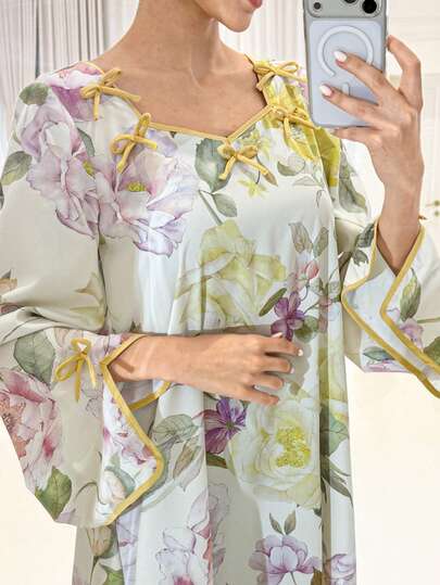 Yasmyna Women's Floral Pattern Bow Decor Elegant Arabic Style Dress