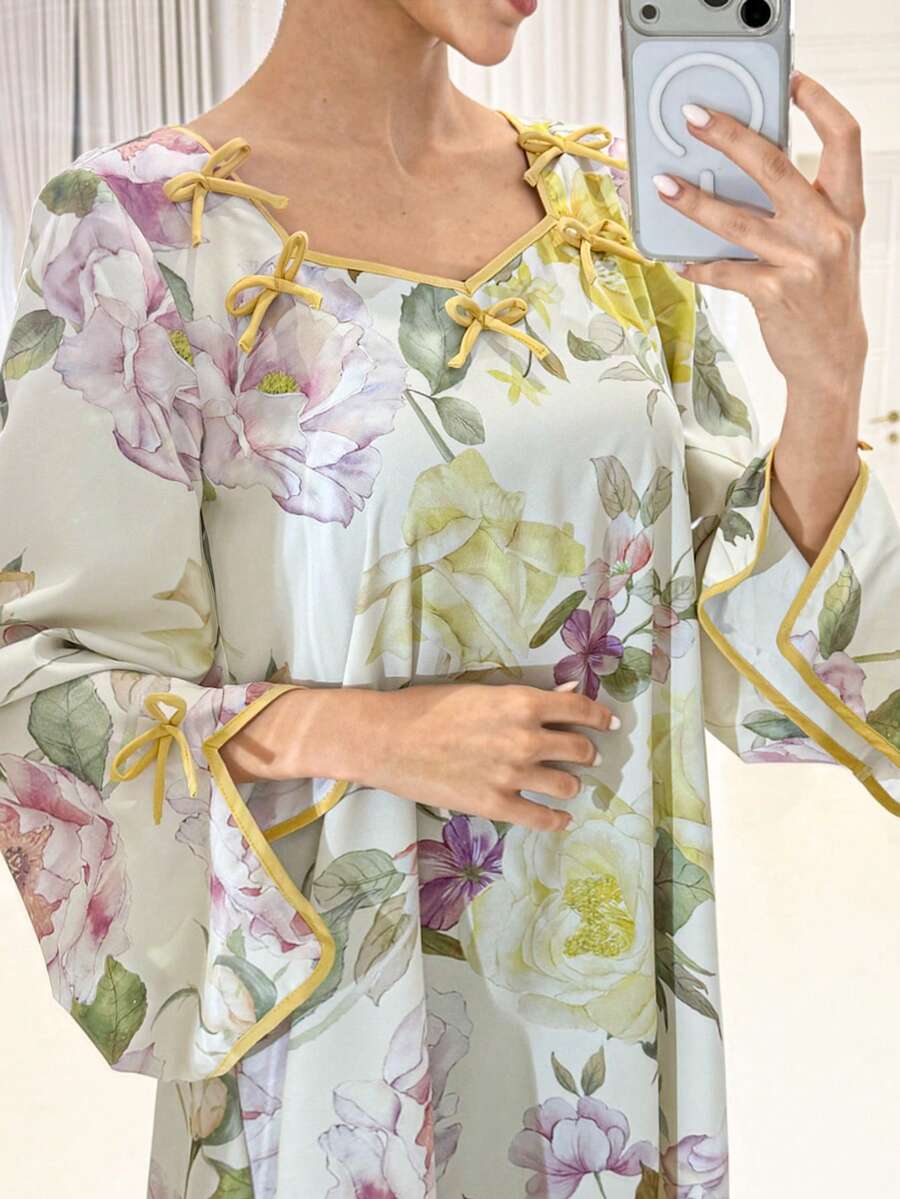 Yasmyna 女士花卉图案蝴蝶结装饰优雅阿拉伯风格连衣裙 - 彩色 - 查看 1