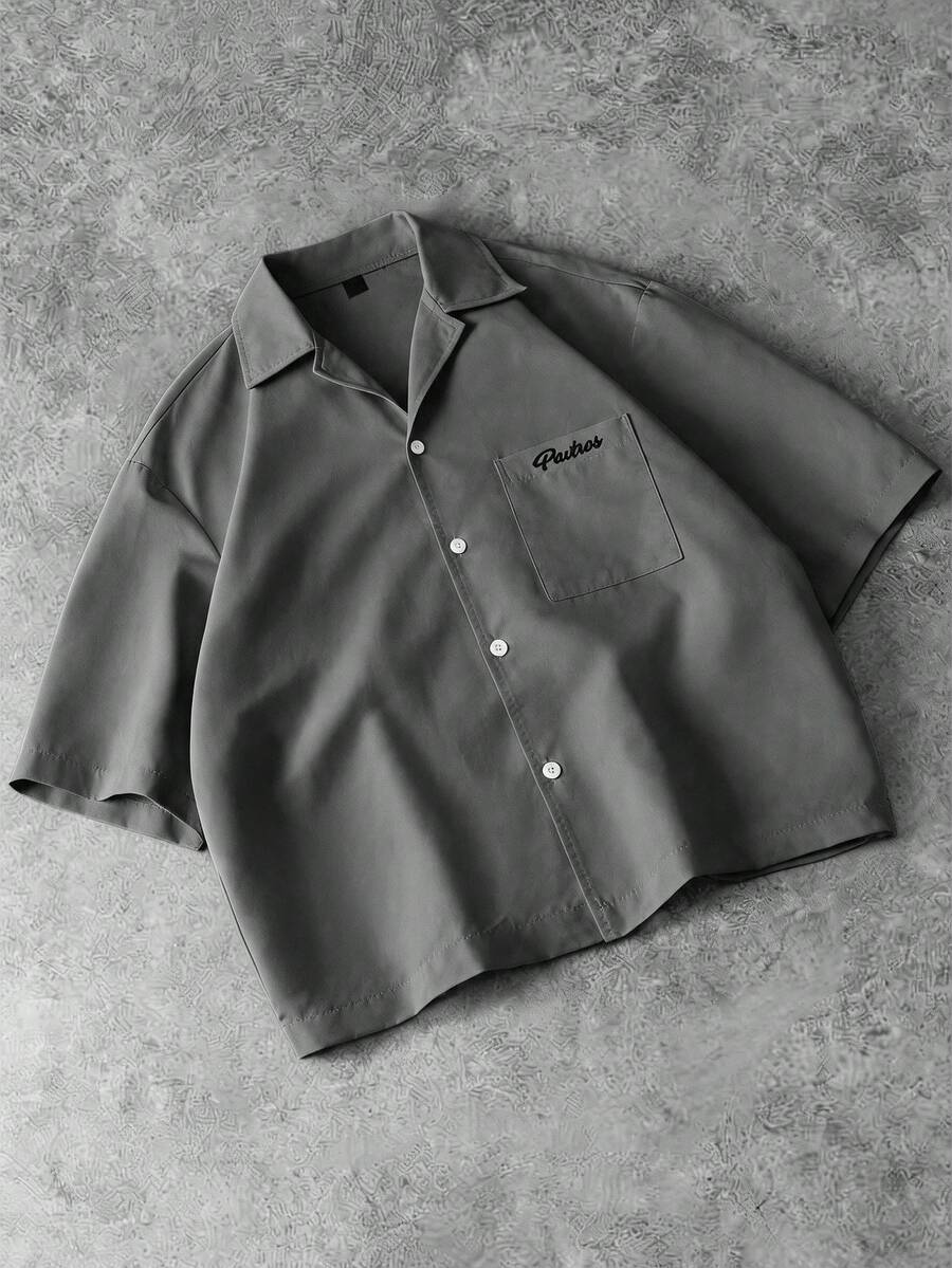 PAVTROS Men's Letter Print Single-Breasted Casual Short Sleeve Shirt - Grey - View 1