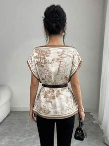 GlowEve Women's Fashionable Elegant Ink Painting Pattern Print Oblique Collar Batwing Sleeve Loose Blouse - Multicolor - View 2
