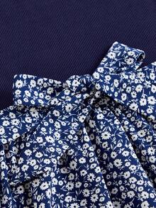 SHEIN 少女蓝色纯色圆领短袖荷叶边拼接碎花下摆系带中长连衣裙，适合春夏度假、作为夏日连衣裙穿着。 - 寶藍色 - 查看 4