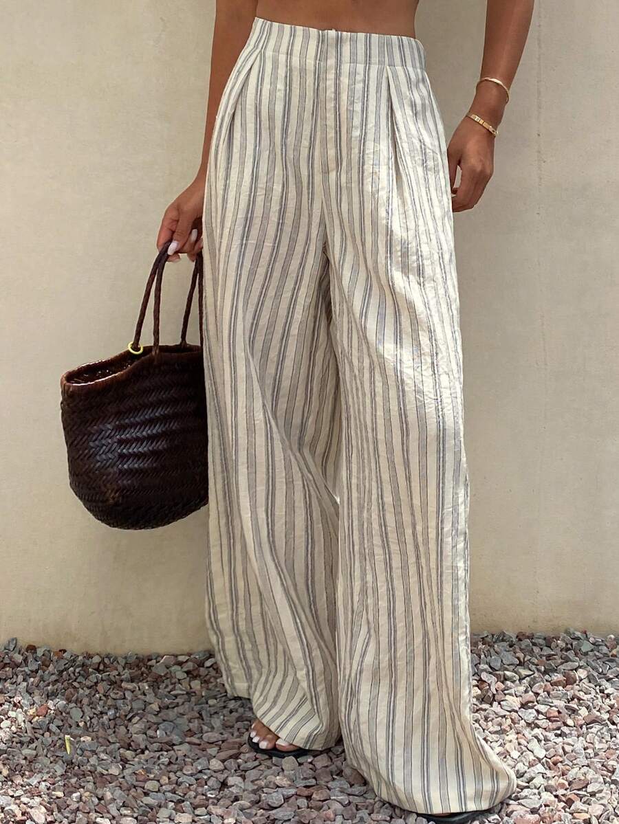 DAZY Striped Loose Wide-Leg Pants, Casual Vacation Summer Trousers For Women - Apricot - View 1