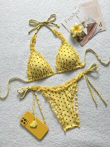 Swim Mod 两件式花卉印花网纱饰边挂脖比基尼套装，侧系带泳裤，性感泳装 - 彩色 - 查看 1