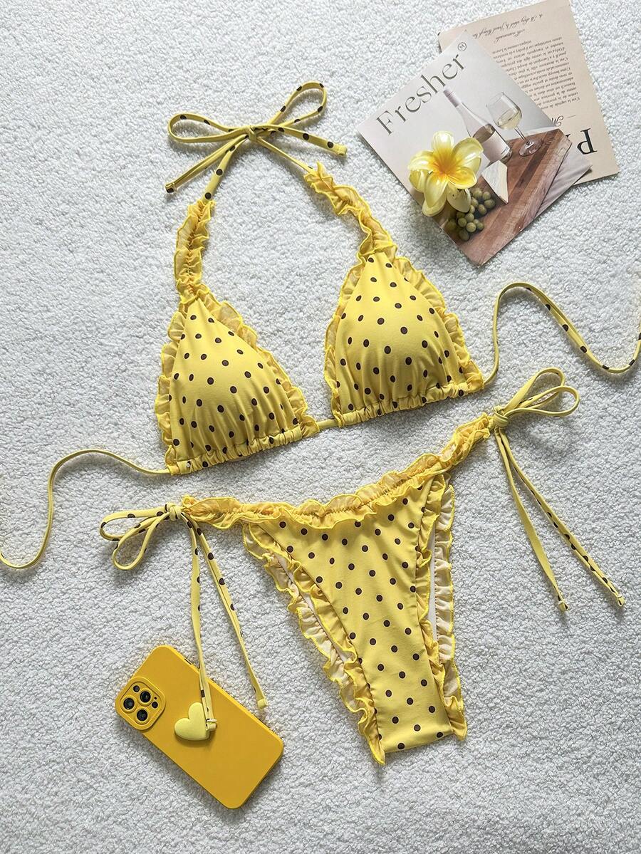 Swim Mod 两件式花卉印花网纱饰边挂脖比基尼套装，侧系带泳裤，性感泳装 - 彩色 - 查看 1