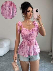 Selianne Elegantes Damen Camisole mit Schmetterlings-Muster, Rüschenärmeln, Schleife und süßem französischem Stil, modisch vielseitig, anmutig und exquisit, Sommer Top - Pink - Übersicht 3