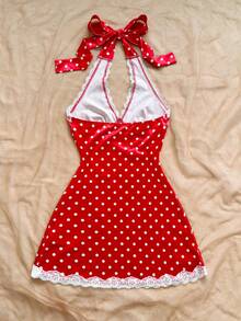 Soleia Women's Red And White Polka Dot Summer Cute Vacation V-Neck Lace Patchwork Fitted Mini Dress, Date Valentine's Day,Beach,Cruise,Boho Sexy Party - Red and White - View 2