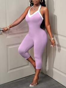 BamGleam Women's Versatile Contrast Color Halter Jumpsuit, Suitable For Daily Wear And Vacation Gym White Summer - Multicolor - View 5