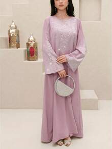 Al Najma Women's Rhinestone Decor Round Neck Long Sleeve Elegant Arabic Style Dress - Mauve Purple - View 5