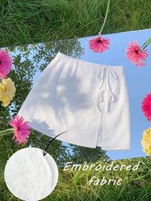 SHEIN MOD 大码女式提花系带蝴蝶结开衩裙 - 白色 - 查看 8