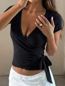 DAZY Women's Cinched Waist Splice Contrast Lace Trim Bodycon Casual T-Shirt, Resort & Street Style, Spring & Summer - Black - View 5