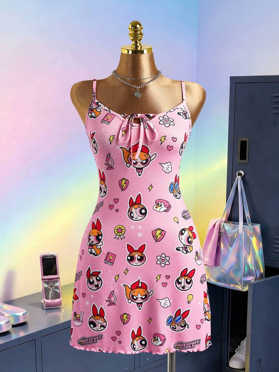 THE POWERPUFF GIRLS X SHEIN 女士可爱卡通印花系带吊带睡裙,夏季 - 粉色 - 查看 1