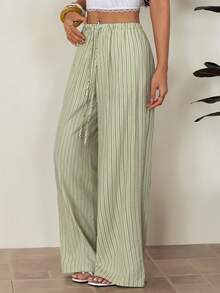 SHEIN PETITE Quần ống rộng kẻ sọc dáng suông, cạp chun, thích hợp cho nữ, đi nghỉ mát và đi làm, mùa xuân/hè. - Xanh lá cây Mù sương - Xem 7