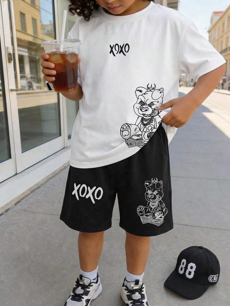 Vacaura 2pcs/Set Casual Cartoon Character Print T-Shirt Set For Teenage Boys, Suitable For Daily, Commuting, And Sports Wear - Black and White - View 1