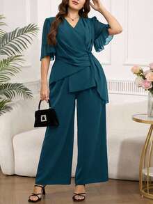 SHEIN Clasi Plus Size Women Solid Color Pleated Design Shirt And Pants Elegant 2 Pieces Set - Teal Blue - View 2