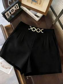 EMERY ROSE Plus Size Women Metal Buckle Decor Pleated Waist Casual Elegant Shorts - Black - View 3