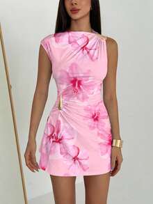 Aloruh Metal Decor Ruched Umbrella Floral Print Cap Sleeve Mini Skirt - Pink - View 6